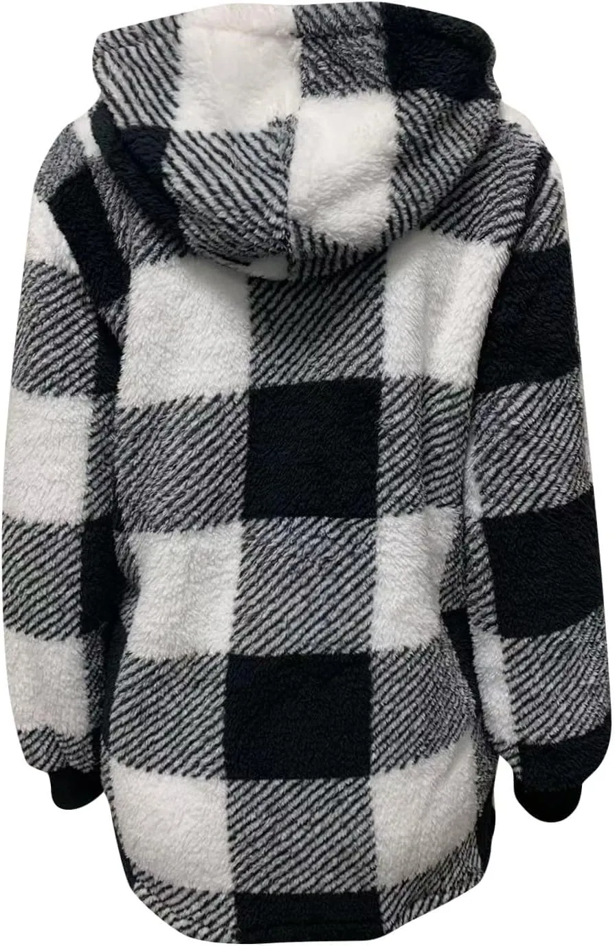 Sherpa Fleece Jacket Women Full Zip Up Plus Size Plaid Shacket Oversized Hooded Sweatshirt Trendy Winter Coat Outwear
