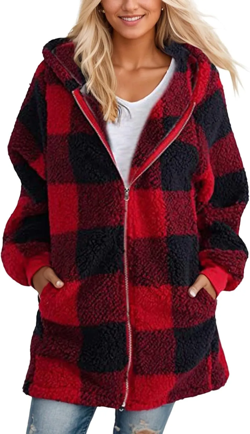 Sherpa Fleece Jacket Women Full Zip Up Plus Size Plaid Shacket Oversized Hooded Sweatshirt Trendy Winter Coat Outwear