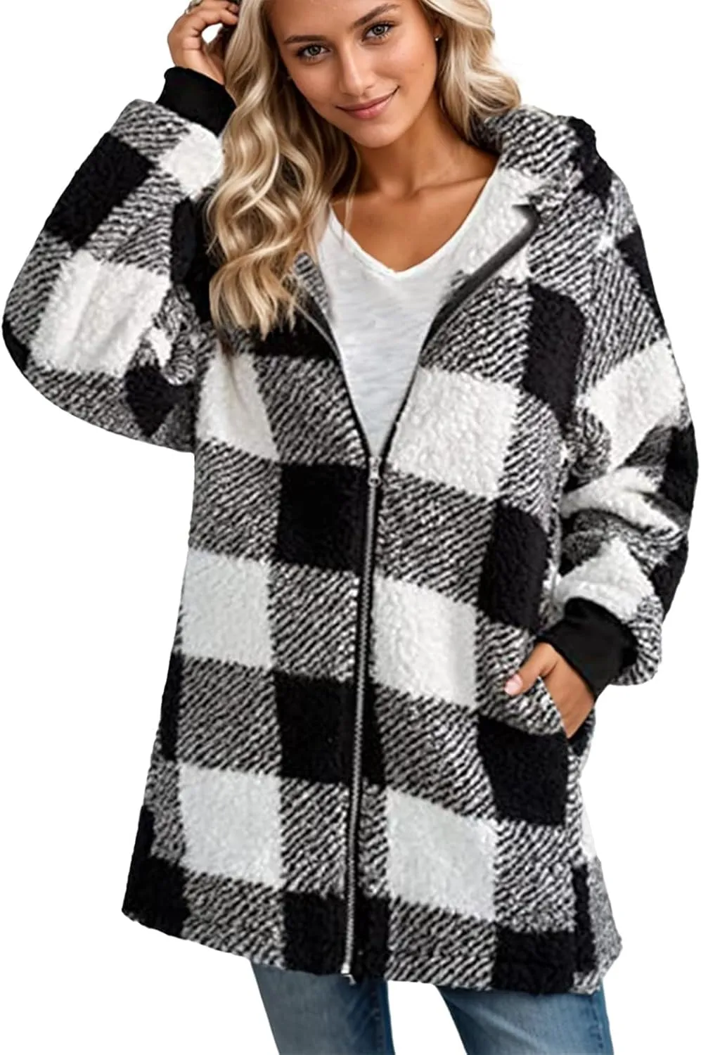 Sherpa Fleece Jacket Women Full Zip Up Plus Size Plaid Shacket Oversized Hooded Sweatshirt Trendy Winter Coat Outwear