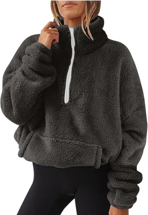 Sherpa Half Zip Pullover Women Oversized Quarter Zip Cropped Sweatshirt Fuzzy Fleece Lined Zip Up Hoodie with Pockets