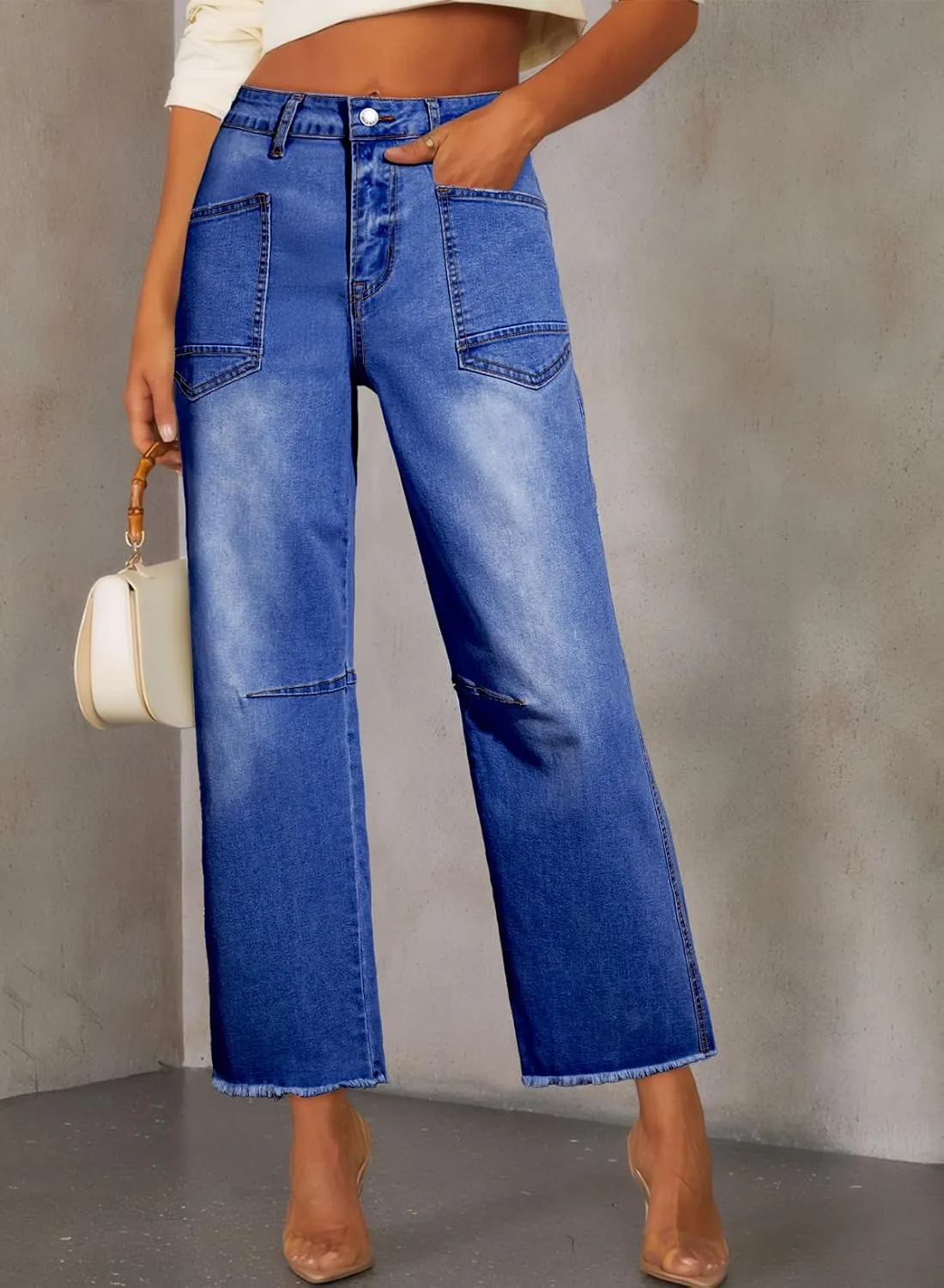 SHEWIN Straight Leg Jeans for Women High Waisted Stretchy Jeans Wide Leg Ankle Denim Pants with Pockets
