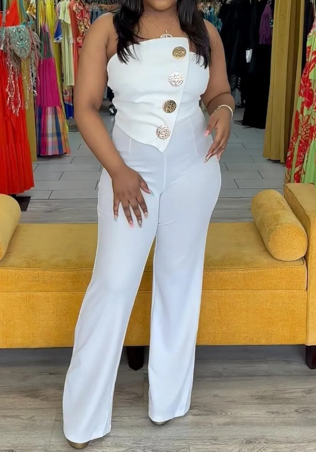 SHINFY Women Summer Strapless Sexy Jumpsuits Off Shoulder Tube Top Straight Wide Leg Jumpsuit Romper