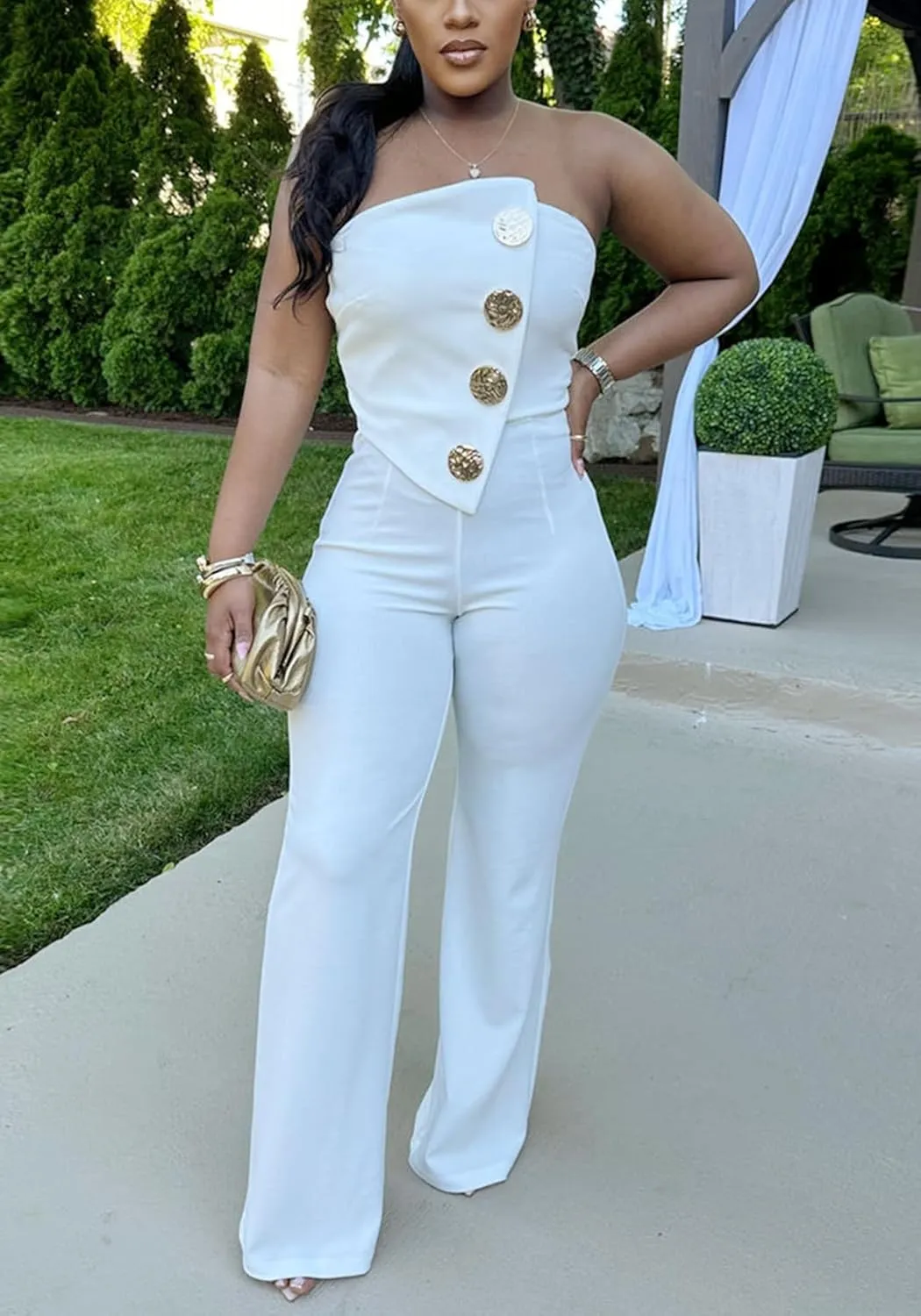 SHINFY Women Summer Strapless Sexy Jumpsuits Off Shoulder Tube Top Straight Wide Leg Jumpsuit Romper