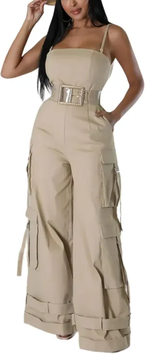 SHINFY Womens Sexy Cargo Jumpsuit Spaghetti Strap Y2K Wide Leg Cargo Pants Jumpsuits Overalls Romper with Pockets
