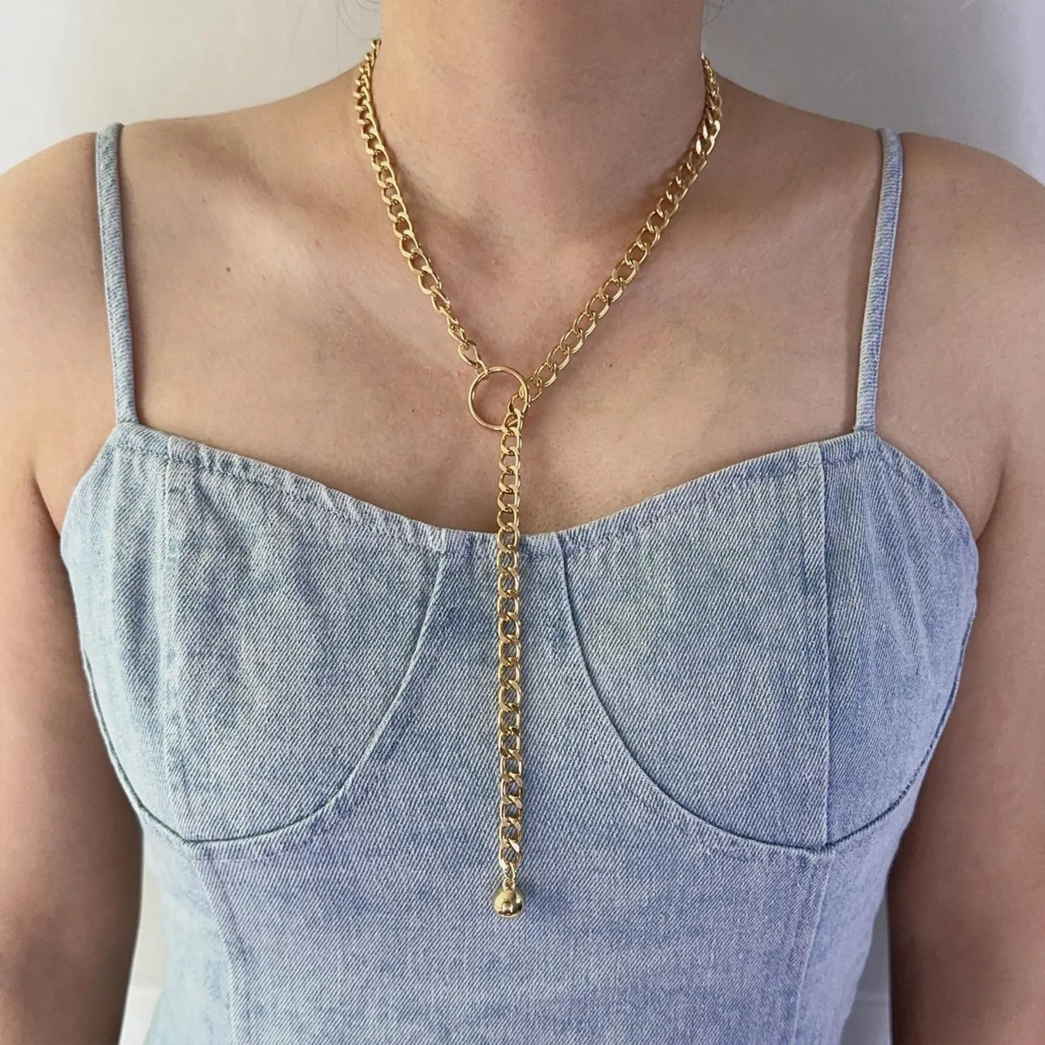Slip Chain Necklace for Women - O-Ring Pendant, Sphere, Goth Adjustable Lariat Y-Necklace, Long Link Chunky Choker for Women Men