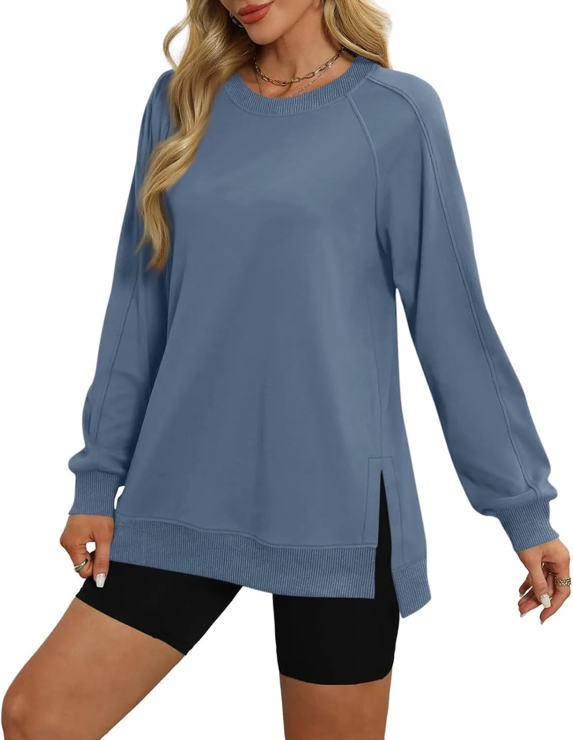 slqdgmryz Crewneck Sweatshirts Women Side Split Oversized Sweatshirt No Hood Crew Neck Y2k Hoodie Long Sleeve Tunic Pullover
