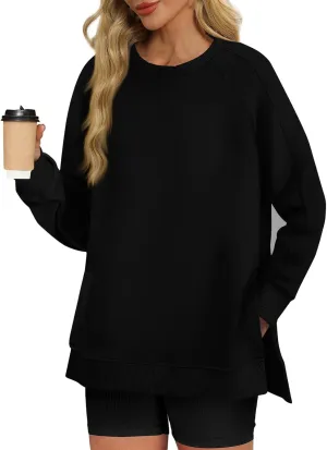 slqdgmryz Crewneck Sweatshirts Women Side Split Oversized Sweatshirt No Hood Crew Neck Y2k Hoodie Long Sleeve Tunic Pullover
