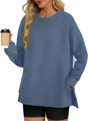 slqdgmryz Crewneck Sweatshirts Women Side Split Oversized Sweatshirt No Hood Crew Neck Y2k Hoodie Long Sleeve Tunic Pullover