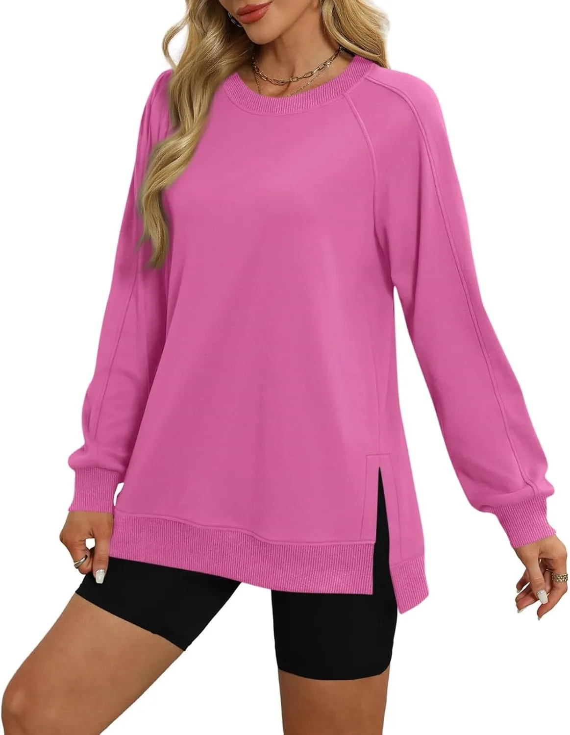 slqdgmryz Crewneck Sweatshirts Women Side Split Oversized Sweatshirt No Hood Crew Neck Y2k Hoodie Long Sleeve Tunic Pullover