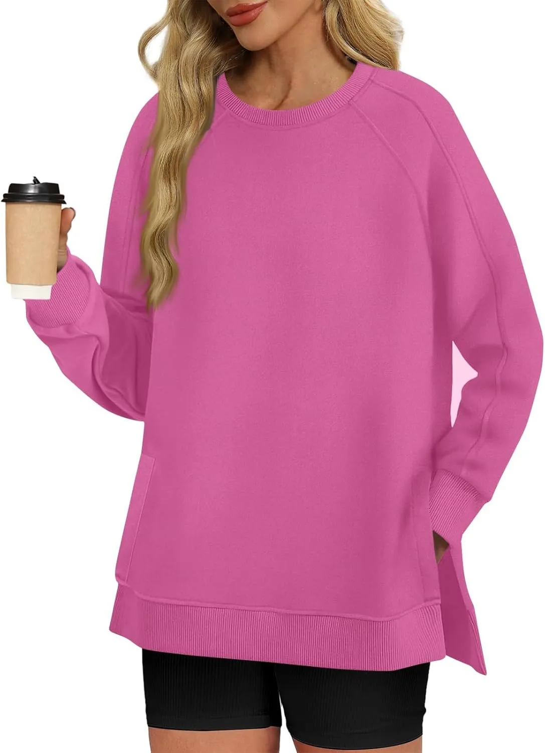 slqdgmryz Crewneck Sweatshirts Women Side Split Oversized Sweatshirt No Hood Crew Neck Y2k Hoodie Long Sleeve Tunic Pullover