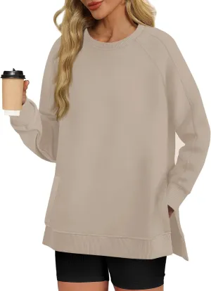 slqdgmryz Crewneck Sweatshirts Women Side Split Oversized Sweatshirt No Hood Crew Neck Y2k Hoodie Long Sleeve Tunic Pullover