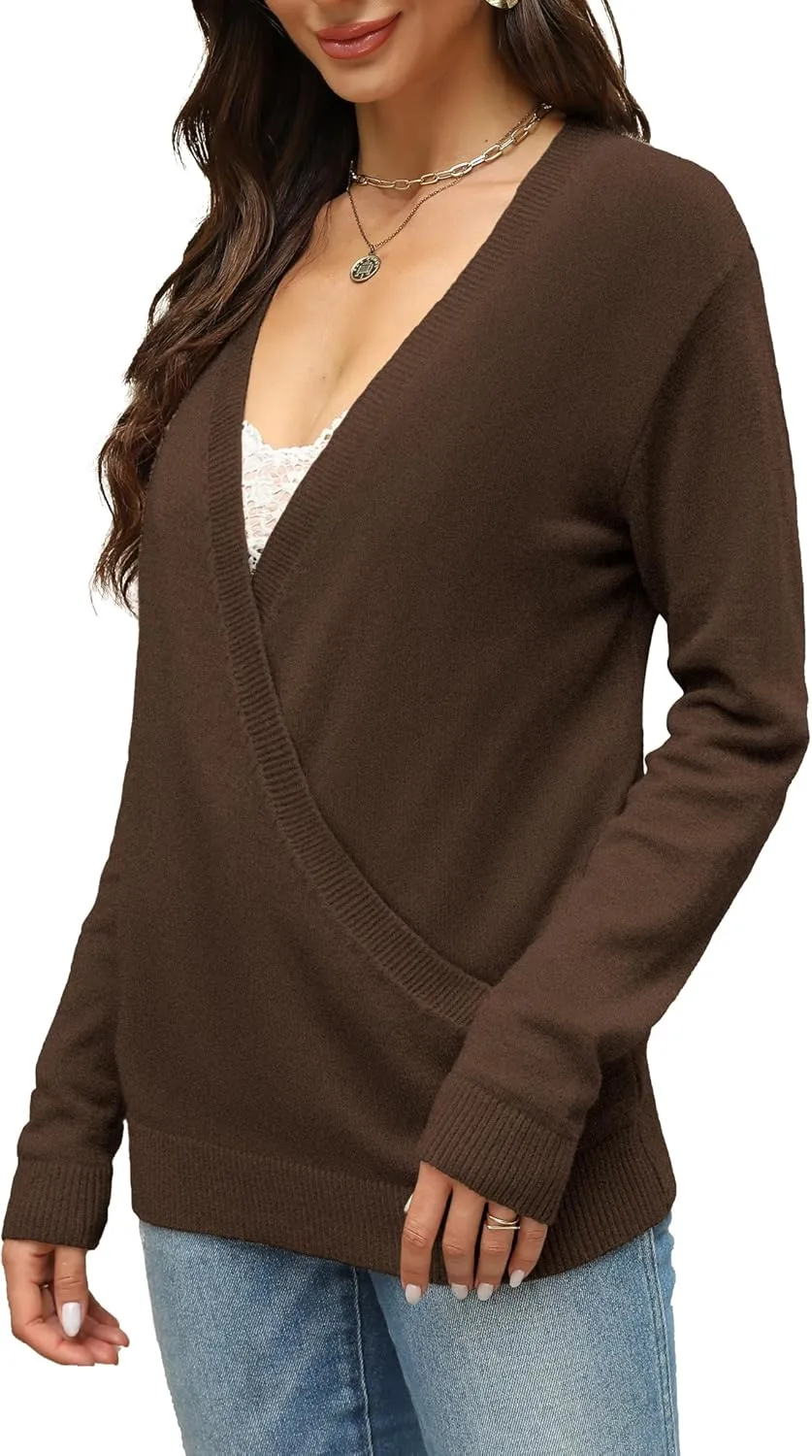 softome Womens 2025 Deep V-Neck Wrap Sweaters Long Sleeve Front Cross Loose Knitted Pullover Jumper Fall Winter Tops