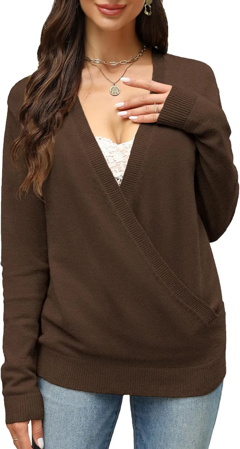 softome Womens 2025 Deep V-Neck Wrap Sweaters Long Sleeve Front Cross Loose Knitted Pullover Jumper Fall Winter Tops