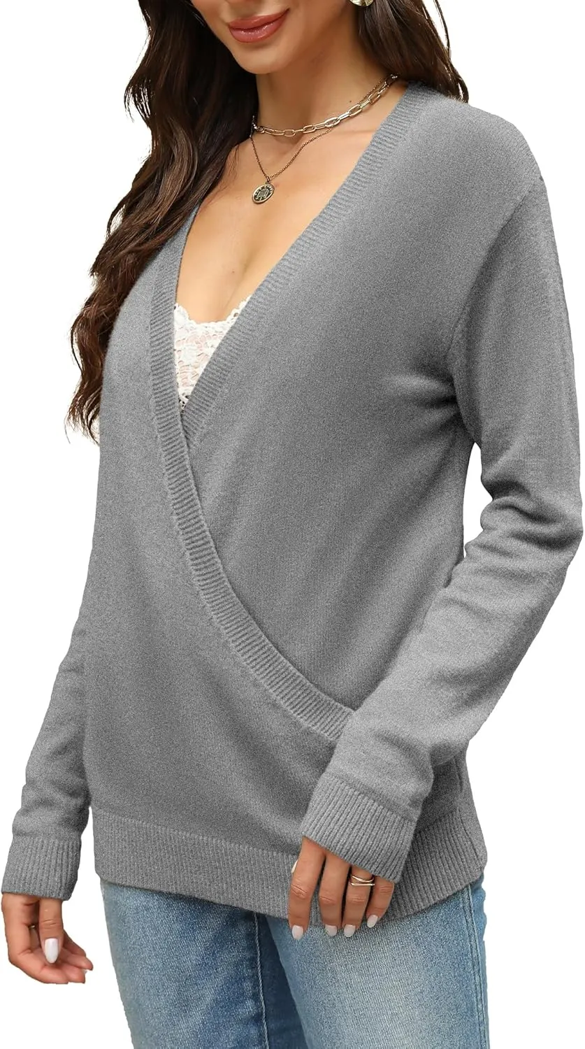 softome Womens 2025 Deep V-Neck Wrap Sweaters Long Sleeve Front Cross Loose Knitted Pullover Jumper Fall Winter Tops