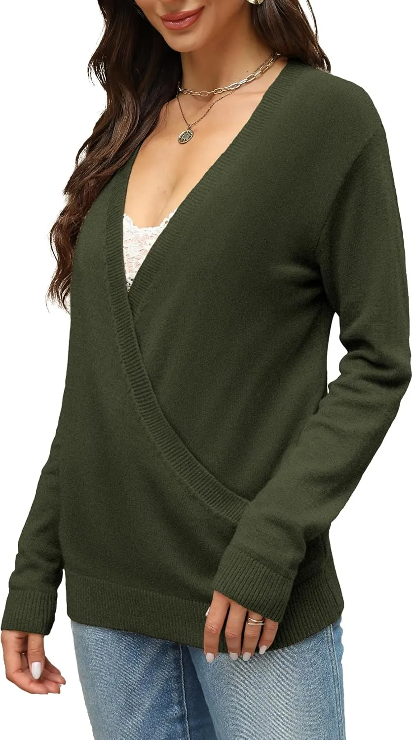 softome Womens 2025 Deep V-Neck Wrap Sweaters Long Sleeve Front Cross Loose Knitted Pullover Jumper Fall Winter Tops