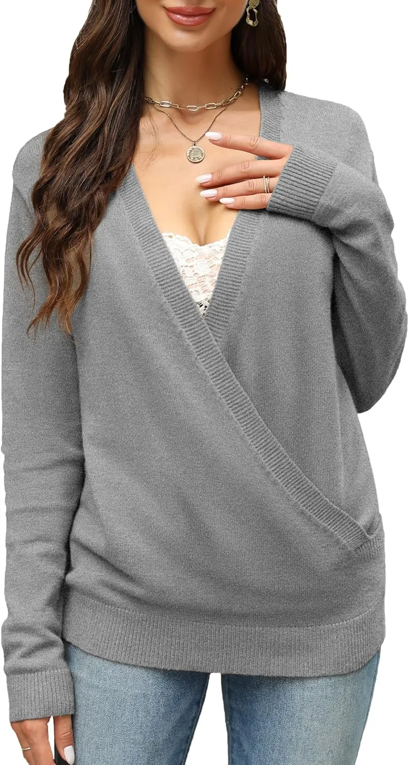 softome Womens 2025 Deep V-Neck Wrap Sweaters Long Sleeve Front Cross Loose Knitted Pullover Jumper Fall Winter Tops