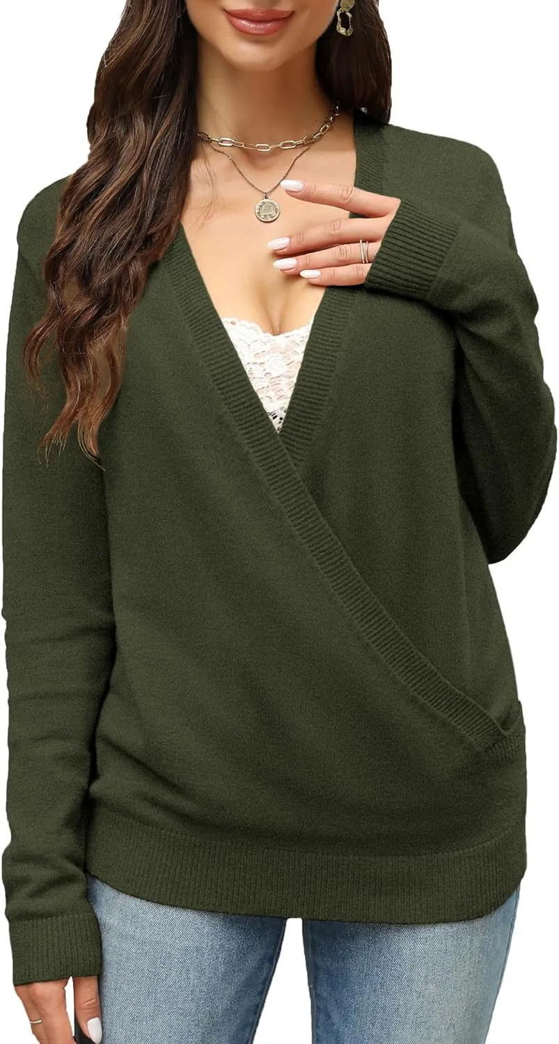 softome Womens 2025 Deep V-Neck Wrap Sweaters Long Sleeve Front Cross Loose Knitted Pullover Jumper Fall Winter Tops