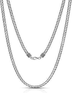Solid 925 Sterling Silver Mens Necklace, 4mm Authentic Flat Weave Silver Rope Chain For Men Women,20 22 24inch Mens Silver Chain,With Lobster Clasp Come Gift Box