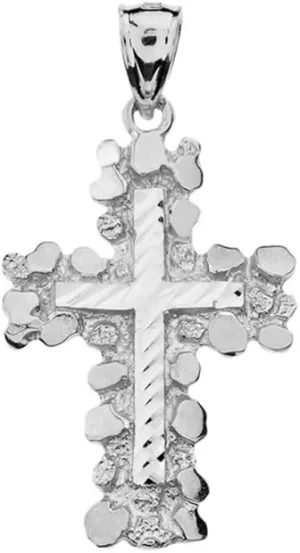 Solid 925 Sterling Silver Nugget Cross Crucifix Religious Pendant (Medium)