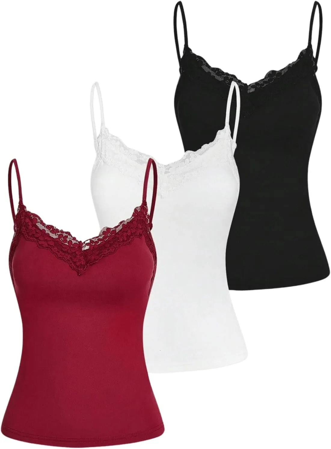 SOLY HUX Women's Camisole Tops with Built in Bra 3 Packs Lace Trim Spaghetti Strap Cami Tank Top