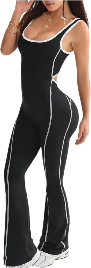 SOLY HUX Women's Sleeveless Square Neck Sports Jumpsuits Butt Lifting Workout Yoga Romper Pants