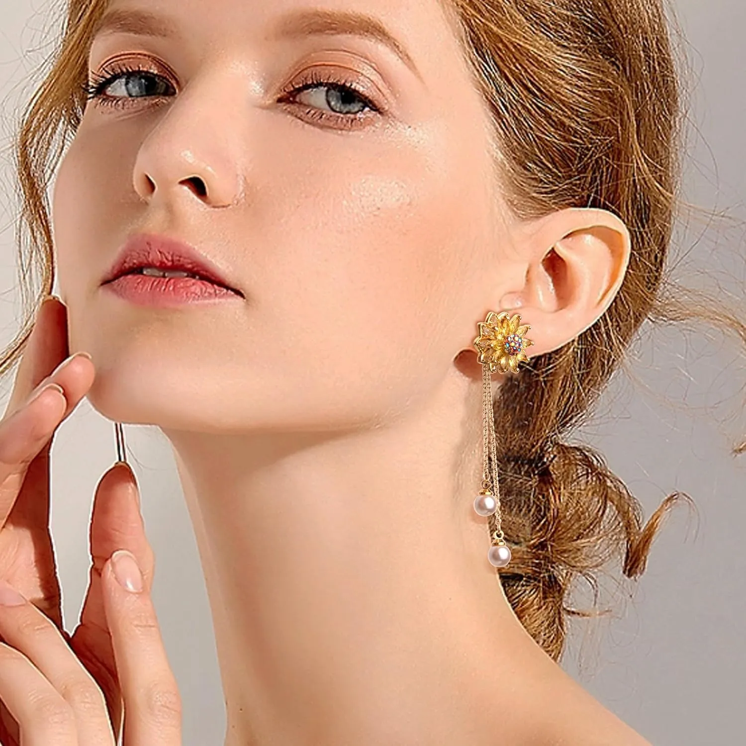 Sonateomber Gold Pearl Flower Snowflake Bow Stud Drop Tassel Prom Earrings for Women, Rhinestone Bow Sunflower Statement Fashion Jewelry Gift