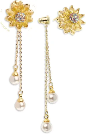 Sonateomber Gold Pearl Flower Snowflake Bow Stud Drop Tassel Prom Earrings for Women, Rhinestone Bow Sunflower Statement Fashion Jewelry Gift
