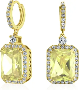 Statement Fashion 10CT Emerald Cut CZ Halo Dangle Huggie Dangle Earrings Prom Cubic Zirconia Gold Silver Plated