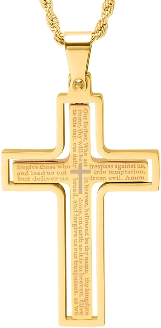 Steeltime 18K Gold Plated Stainless Steel 'Lords Prayer' Cross Swivel Action Pendant Necklace (Gold)