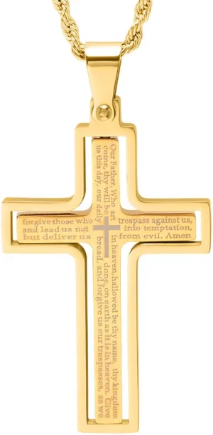 Steeltime 18K Gold Plated Stainless Steel 'Lords Prayer' Cross Swivel Action Pendant Necklace (Gold)