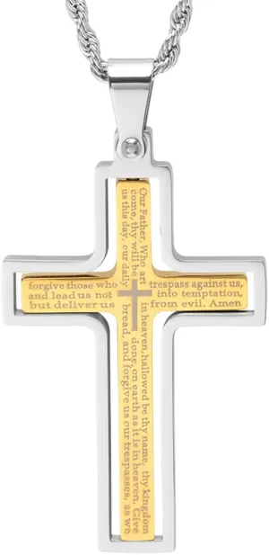 Steeltime Two Tone 18K Gold Plated Stainless Steel 'Lords Prayer' Cross Swivel Action Pendant Necklace (Silver/Gold)