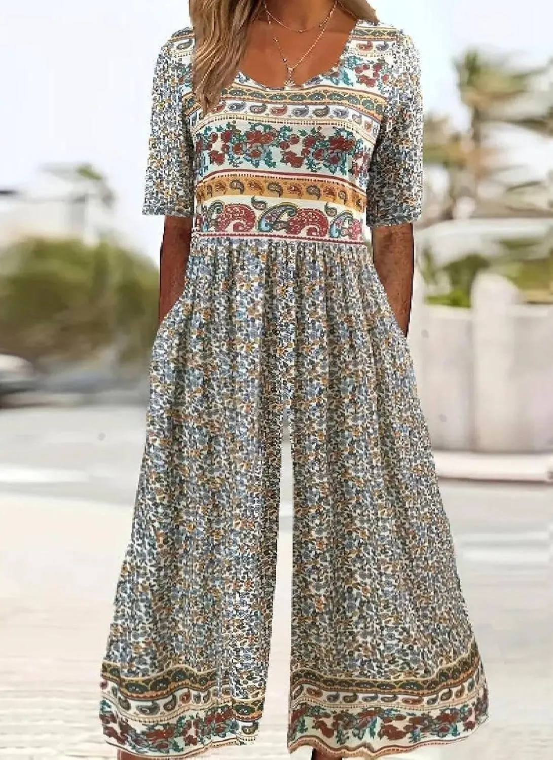 Summer Jumpsuits for Women 2025 Floral loose Half Sleeve Elegant V Neck and Wide Leg Pants Rompers with Side Pockets