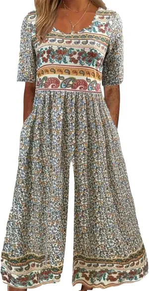 Summer Jumpsuits for Women 2025 Floral loose Half Sleeve Elegant V Neck and Wide Leg Pants Rompers with Side Pockets