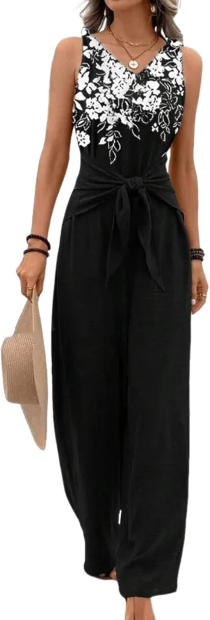 Summer Jumpsuits for Women Dressy 2025 V-neck sleeveless Leg Pants Rompers Elegant Casual One Piece Outfits with Belt