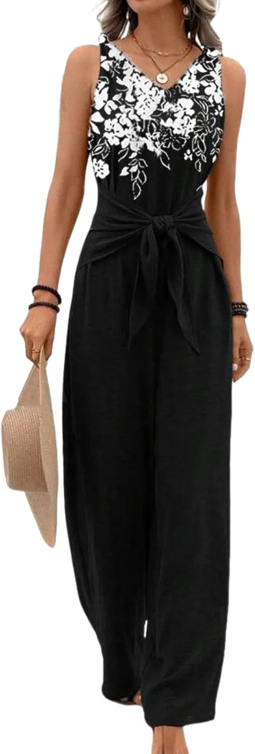 Summer Jumpsuits for Women Dressy 2025 V-neck sleeveless Leg Pants Rompers Elegant Casual One Piece Outfits with Belt