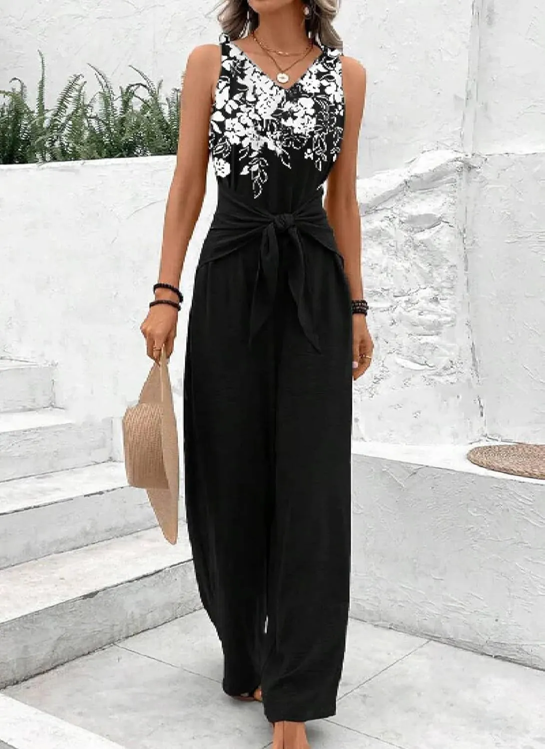 Summer Jumpsuits for Women Dressy 2025 V-neck sleeveless Leg Pants Rompers Elegant Casual One Piece Outfits with Belt