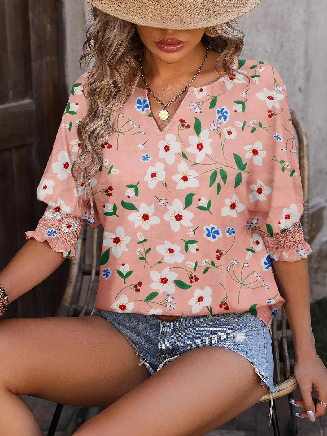 TAKEYAL Women's 2025 Fashion 3/4 Sleeve V Neck T-Shirts Cute Spring Summer Business Dressy Blouses Solid Basic Tee Tops