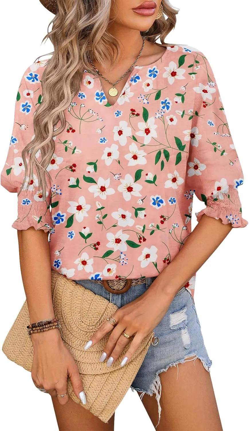 TAKEYAL Women's 2025 Fashion 3/4 Sleeve V Neck T-Shirts Cute Spring Summer Business Dressy Blouses Solid Basic Tee Tops