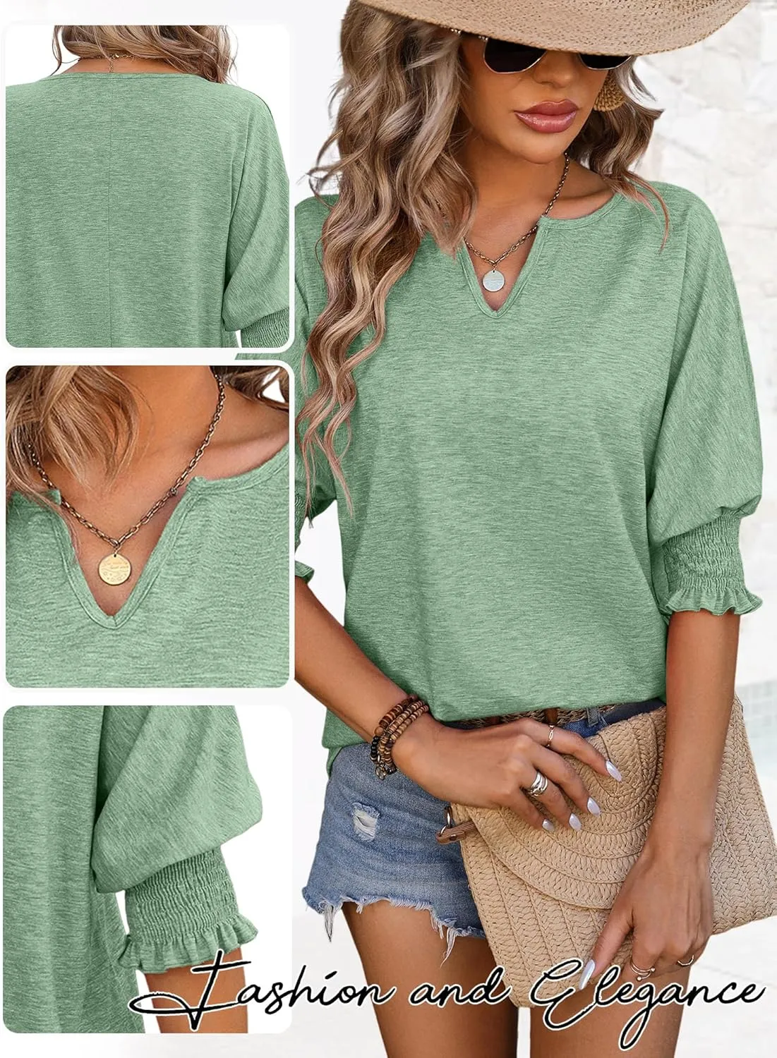 TAKEYAL Women's 2025 Fashion 3/4 Sleeve V Neck T-Shirts Cute Spring Summer Business Dressy Blouses Solid Basic Tee Tops