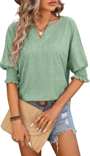 TAKEYAL Women's 2025 Fashion 3/4 Sleeve V Neck T-Shirts Cute Spring Summer Business Dressy Blouses Solid Basic Tee Tops