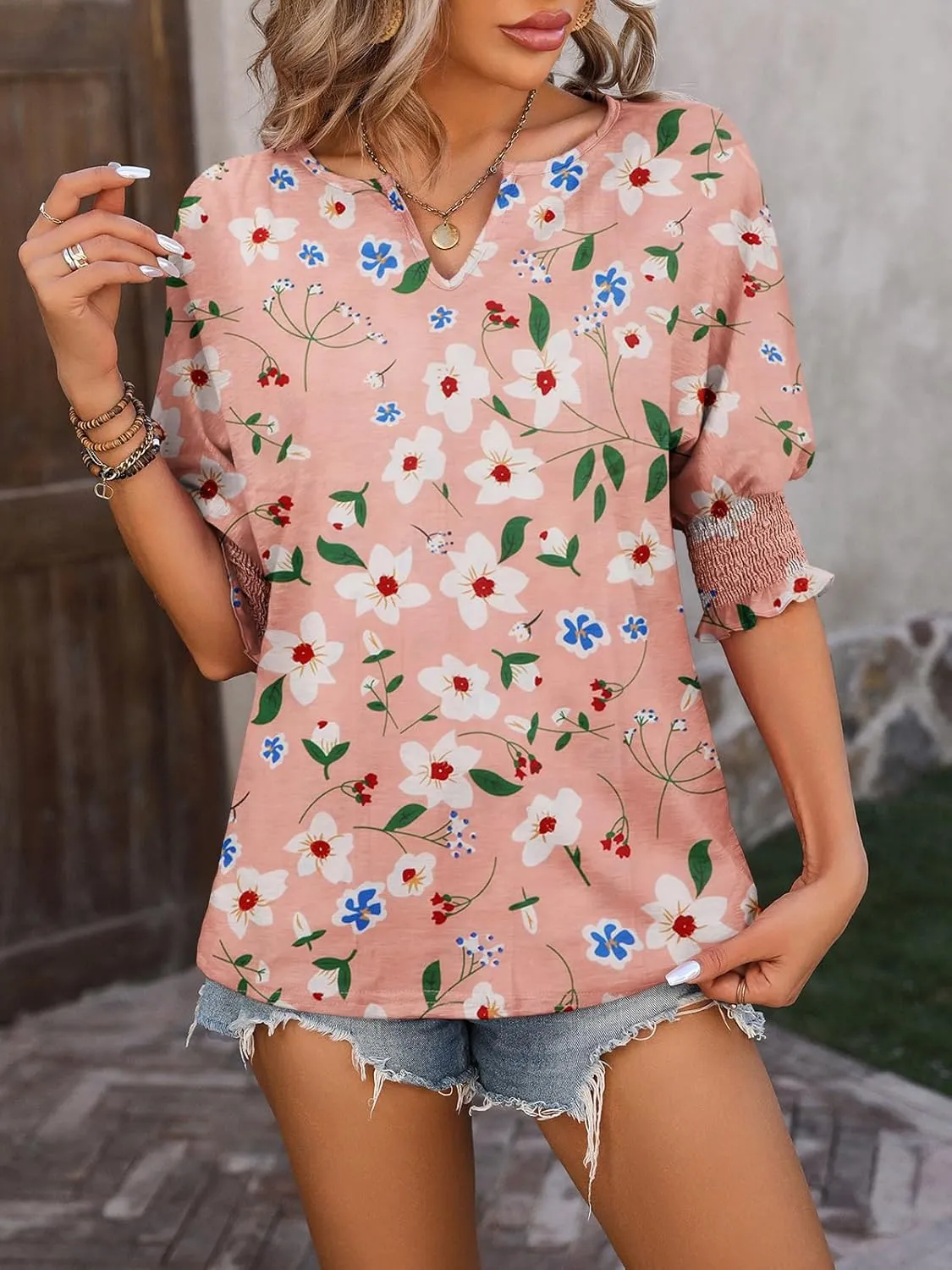 TAKEYAL Women's 2025 Fashion 3/4 Sleeve V Neck T-Shirts Cute Spring Summer Business Dressy Blouses Solid Basic Tee Tops