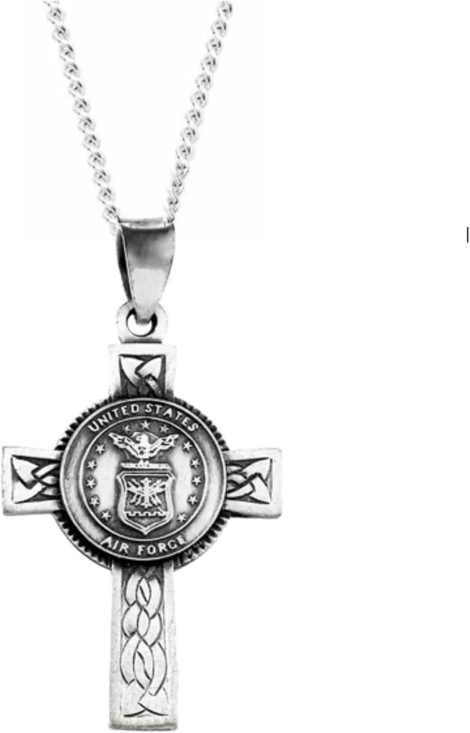 The Men's Jewelry Store Sterling Silver United States Air Force Cross Necklace - Antiqued Halo Design with U.S. Air Force Crest, Engraved Woven Pattern, 24 Rhodium-Plated Chain, Gift Box Included