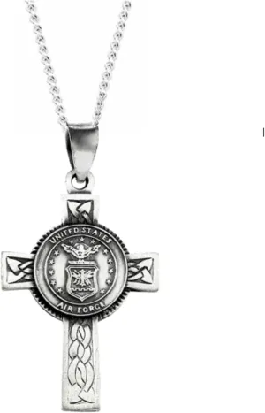 The Men's Jewelry Store Sterling Silver United States Air Force Cross Necklace - Antiqued Halo Design with U.S. Air Force Crest, Engraved Woven Pattern, 24 Rhodium-Plated Chain, Gift Box Included