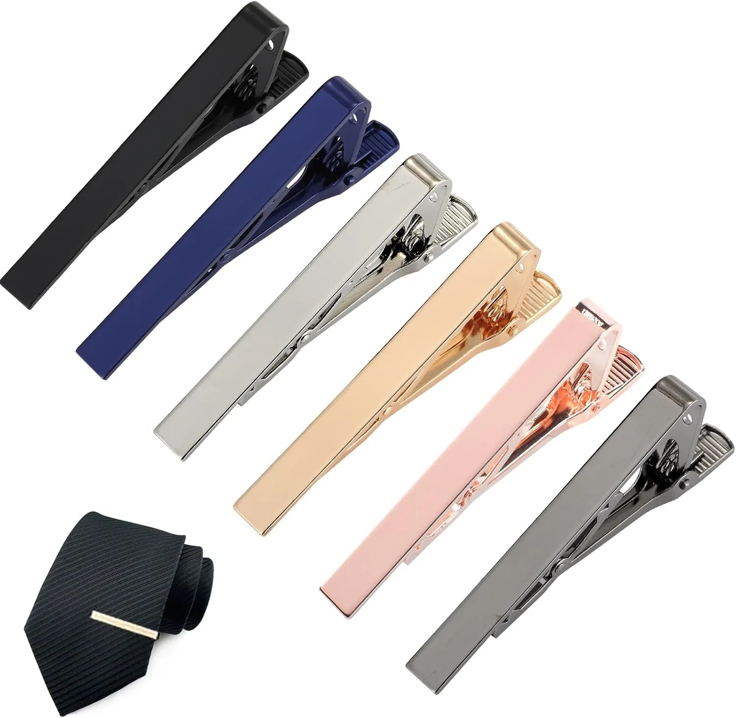 Tie Clips Set for Men: 6 Pcs Classic Colors Necktie Tie Bar Pinch Clips - Gifts for Husband Boyfriend Father's Day - Spring-Loaded Anti-Slip Tie Clip For Men Business Wedding Anniversary Daily Life