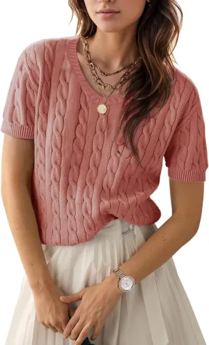Trendy Summer Tops for Women 2025 Short Sleeve Sweaters V Neck Casual Shirts Cable Knit Cute Blouse Spring Fall Top