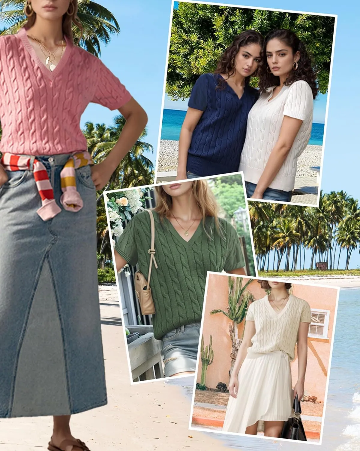 Trendy Summer Tops for Women 2025 Short Sleeve Sweaters V Neck Casual Shirts Cable Knit Cute Blouse Spring Fall Top