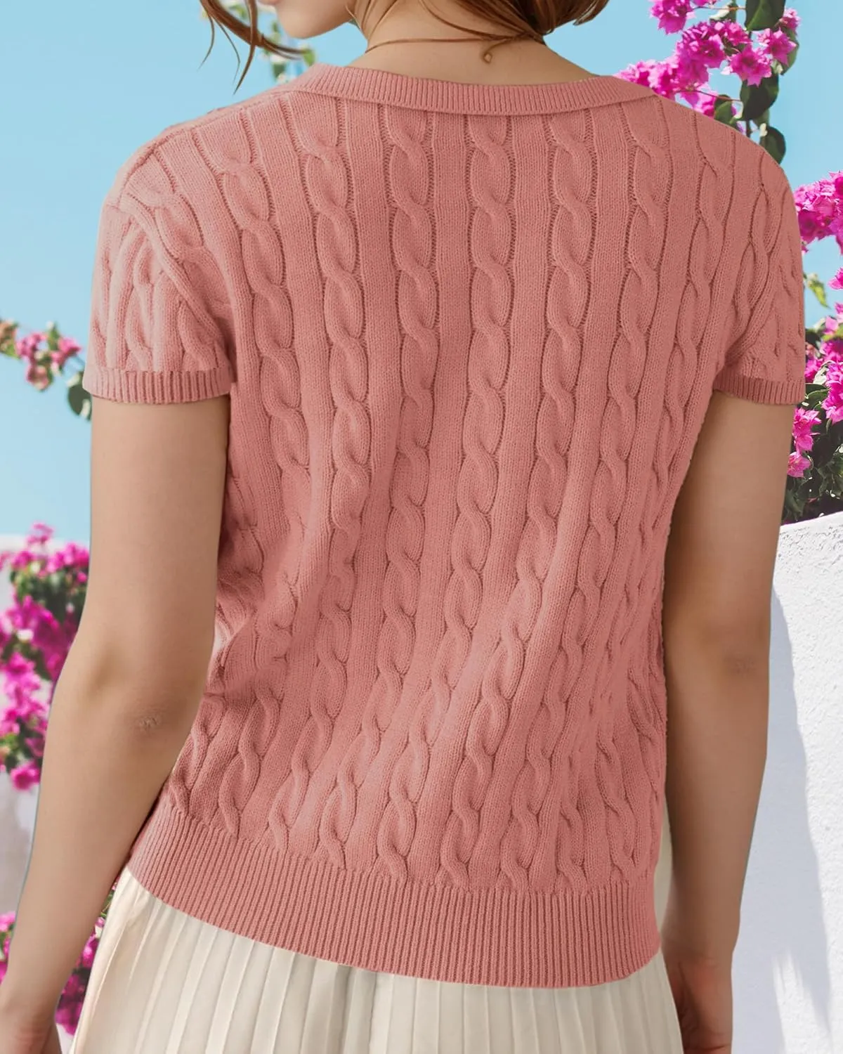 Trendy Summer Tops for Women 2025 Short Sleeve Sweaters V Neck Casual Shirts Cable Knit Cute Blouse Spring Fall Top
