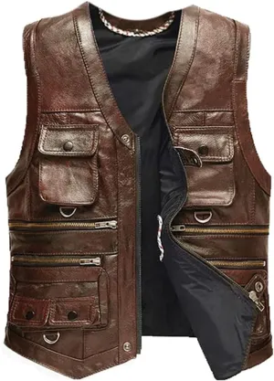 TZNZBGY Men's Multi-Pocket V-Neck Vest Male Plus Size Stylish Leather Vest Zipper Waistcoat Light Brown Leather XXL