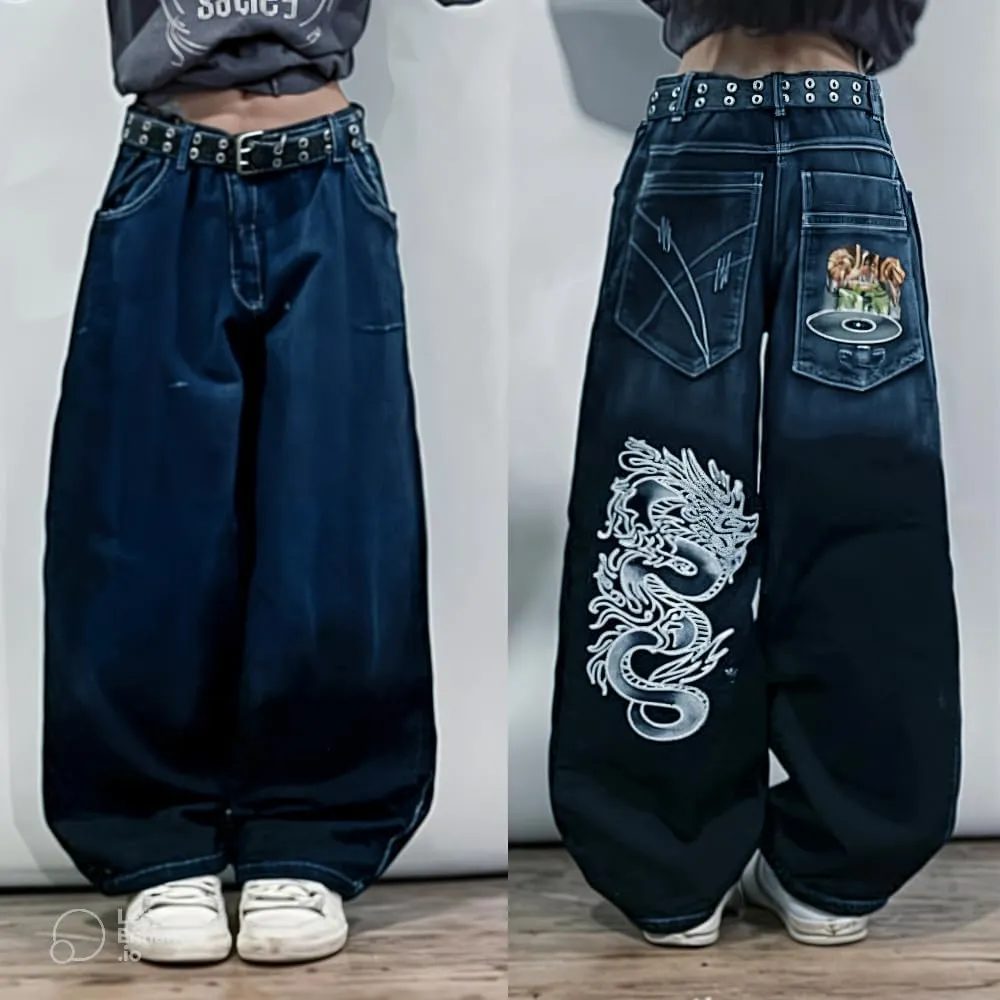 Unisex Y2K Hip Hop Street Jeans with Skeleton Print, Gothic Baggy Jeans, Vintage High Waist Denim, Wide Leg Pants
