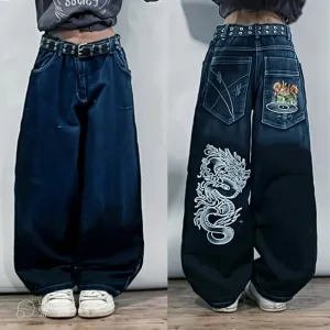 Unisex Y2K Hip Hop Street Jeans with Skeleton Print, Gothic Baggy Jeans, Vintage High Waist Denim, Wide Leg Pants